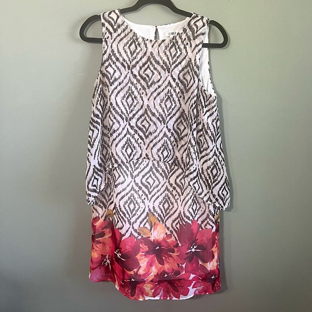 Cato Colorful Sleeveless Geometric Print Floral Hem Blouson Sheath Dress, Medium